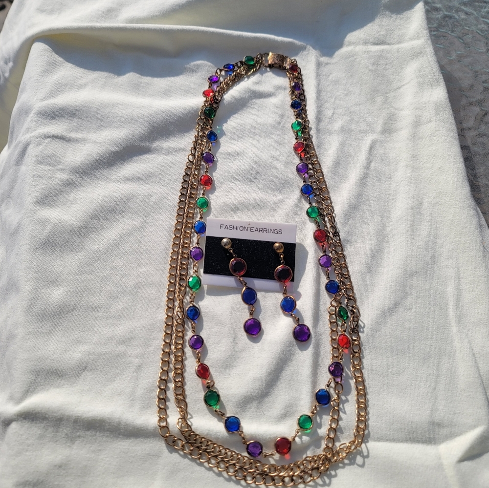 1970s Multi-Strand Necklace  and Earrings Set With Multi-Color Faux Crystals